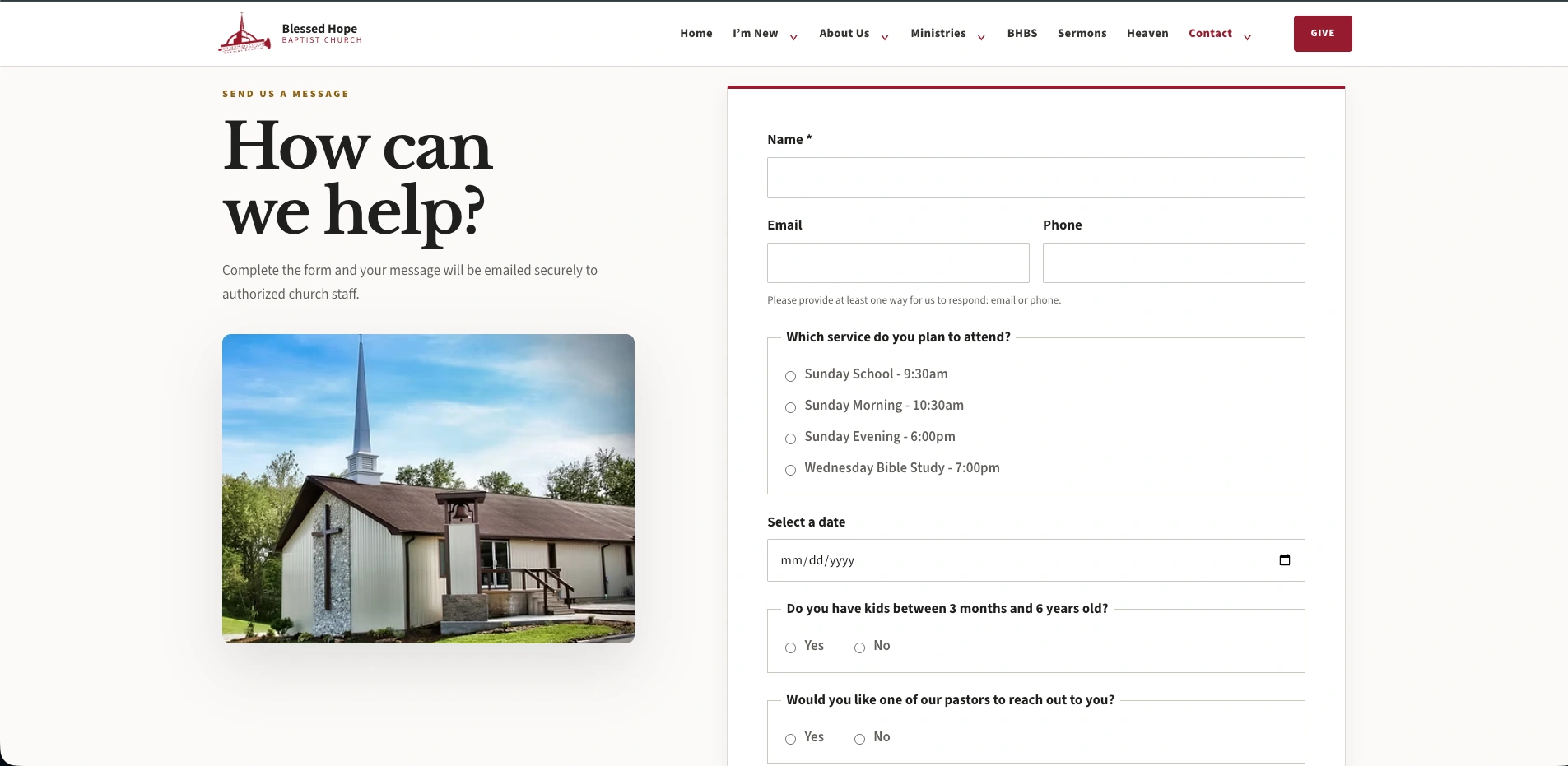 New Blessed Hope Baptist Church contact form in development