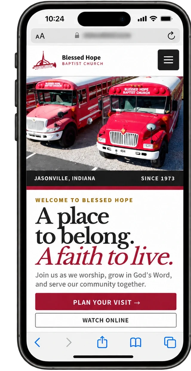 New responsive mobile homepage for Blessed Hope Baptist Church in a phone frame