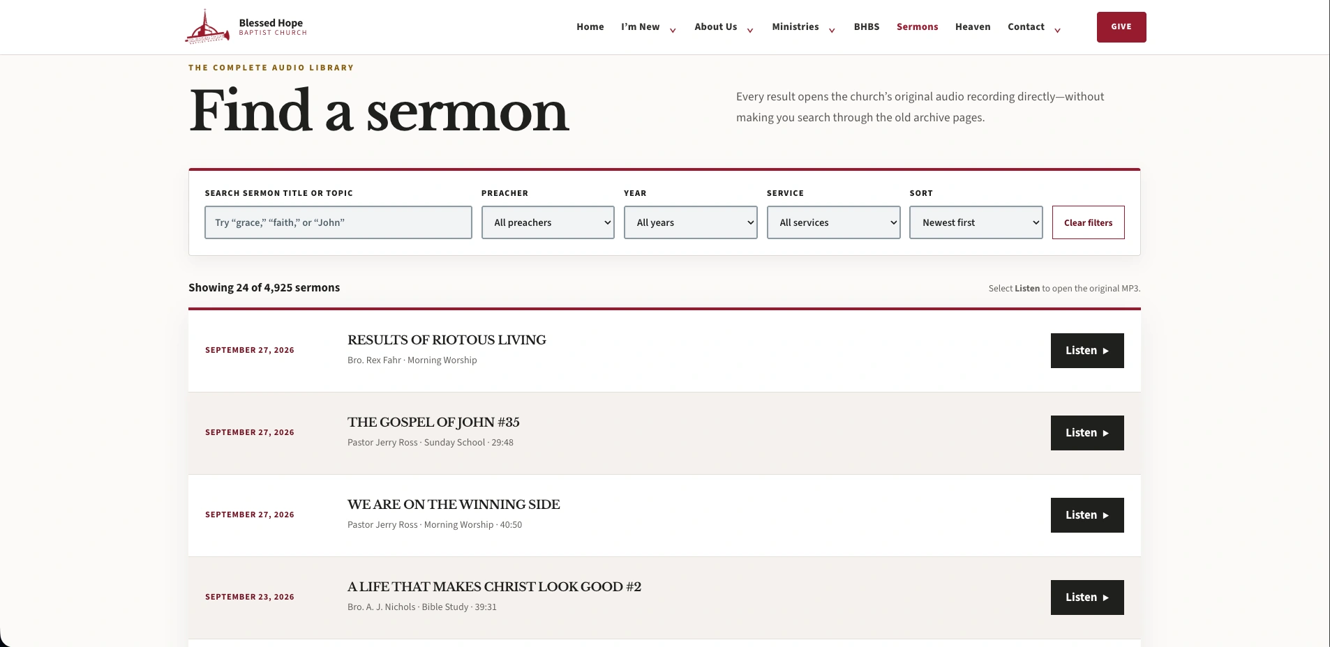 New searchable Blessed Hope Baptist Church sermon library in development