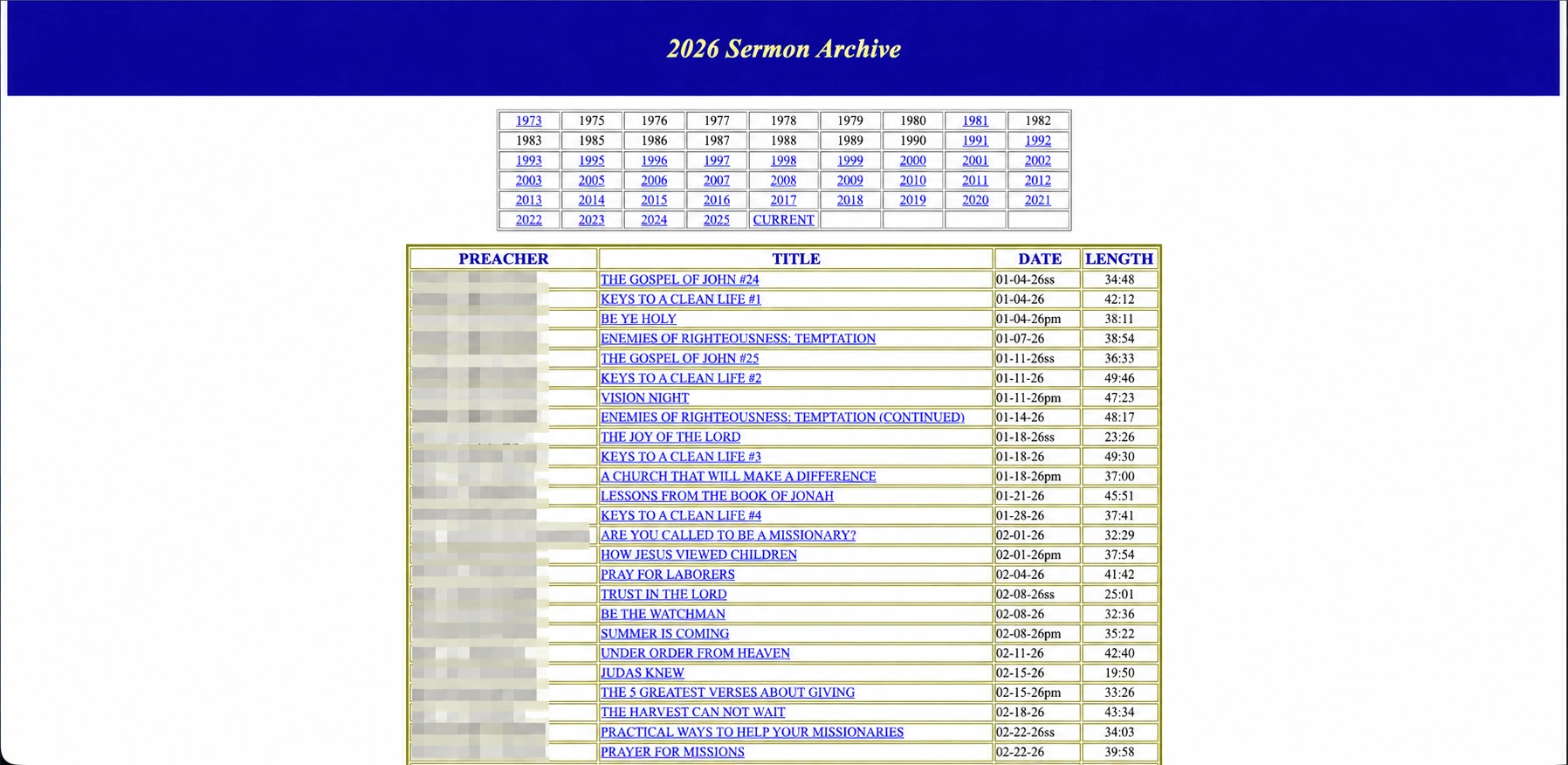 Current Blessed Hope Baptist Church sermon archive with preacher names obscured for privacy