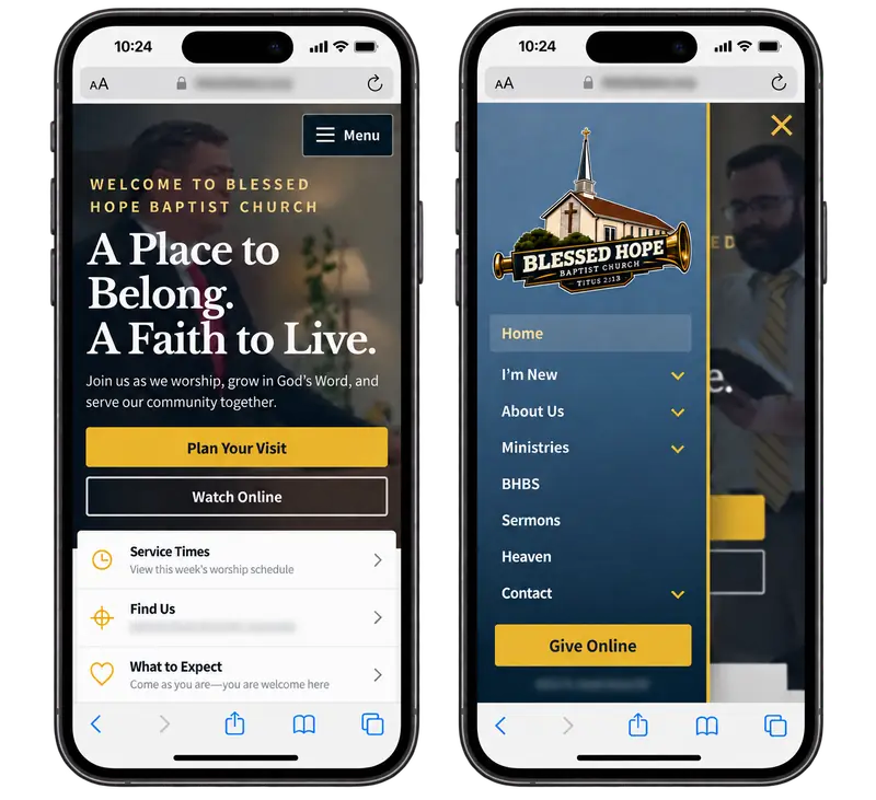 Two mobile views of the Blessed Hope Baptist Church site showing the homepage and open navigation