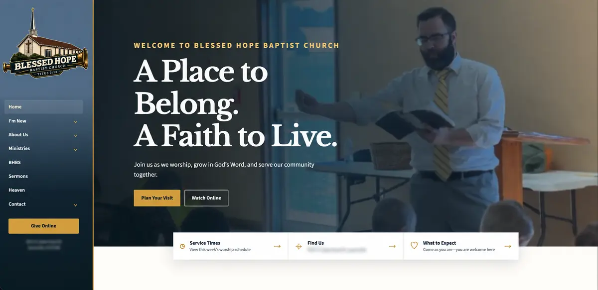 Blessed Hope Baptist Church homepage displayed on a desktop screen