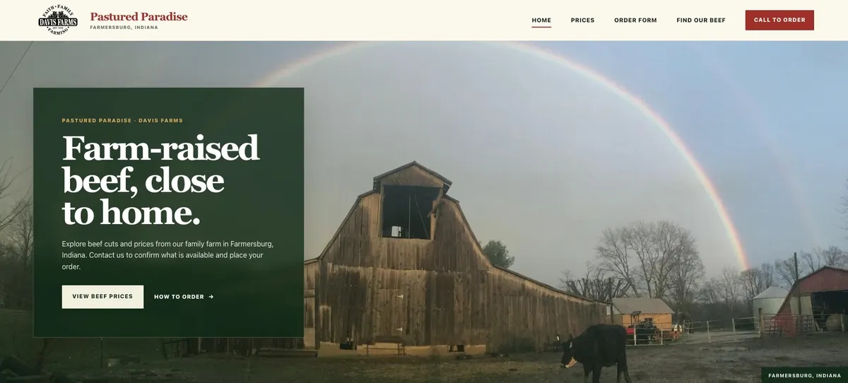 Pastured Paradise landing page for Davis Farms displayed on a desktop screen