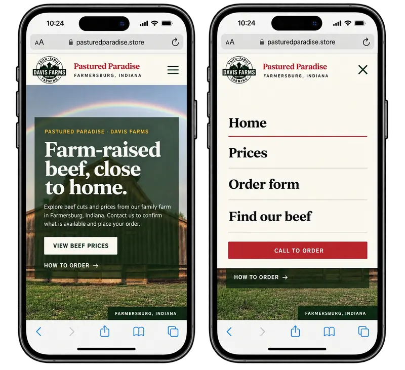 Two mobile views of the Pastured Paradise website showing the homepage and open navigation